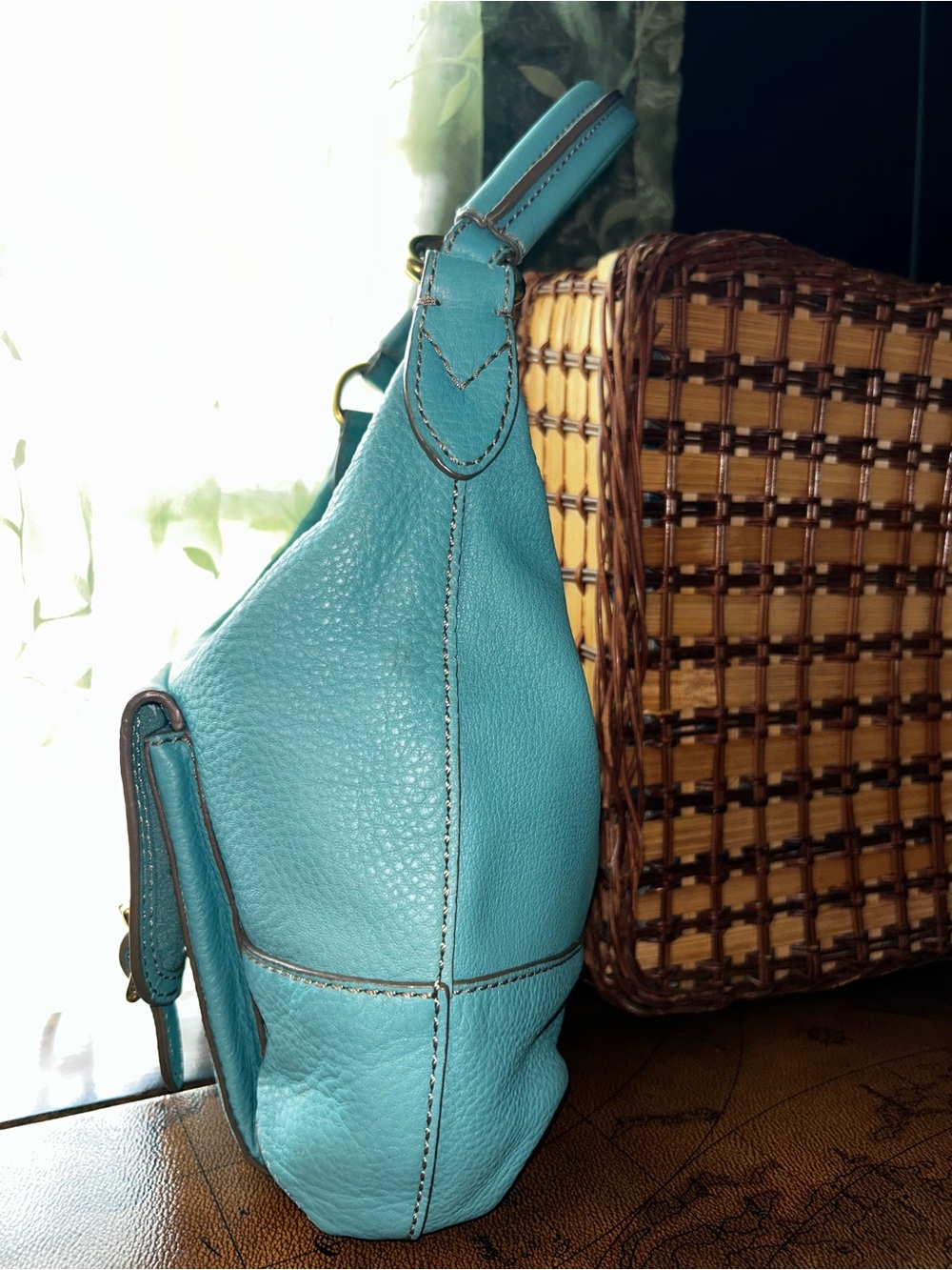 Vintage Fossil Teal Blue Pebbled Leather Shoulder Hobo Bag - Picture 4 of 16